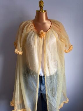 Sheer Yellow Vintage Chiffon Robe with Floral Trim